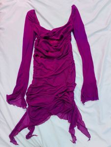 Purple Ruffle Meshy long Sleeve Mini Dress