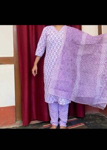Purple Block Print Kurta Set with Dupatta