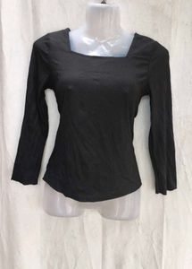 Black Square Neck Ribbed Long Sleeve Top