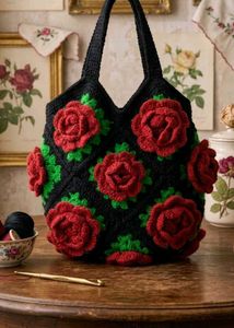 Handmade Crochet Rose Tote Bag