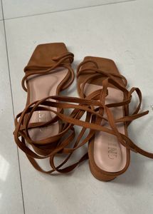 Brown Suede Block Heels With Tie Up