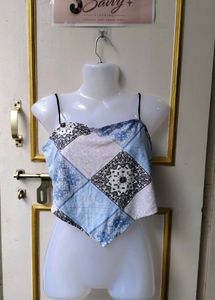 Blue Patchwork Crop Top