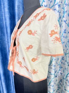 Cream Embroidered Crop Top with Front Ties