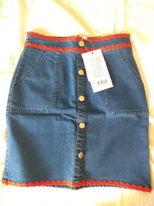 Korean Denim Skirt With Red Zigzag Lace