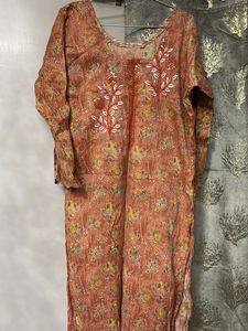 Orange Printed Kurta with Embroidery