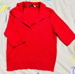 Red Ribbed Collared Top