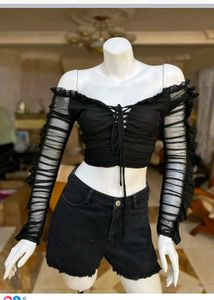 31279. Chic Black Mesh Off-Shoulder Crop Top