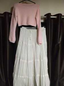 Fuzzy Pink Cropped Sweater And long white skirt