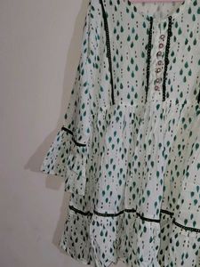 Elegant White ethenic dress with Green Drops Print
