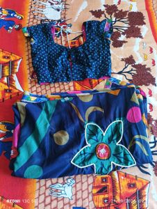 Blue Saree with Colorful Floral Print