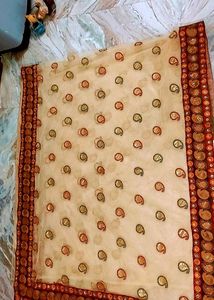 Elegant Beige Embroidered Saree