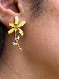 Yellow Flower Stud Earrings with Crystals