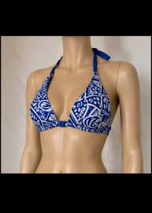 Blue & White Patterned Halter Bikini Top