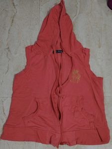Coral Hooded Sleeveless Zip-Up Vest
