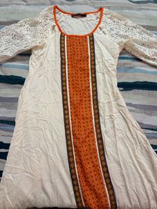 Off-White Cotton Kurti with Lace Sleeves