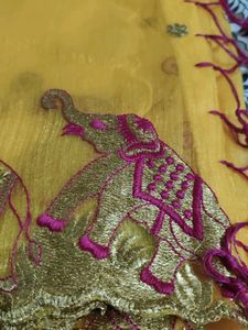Yellow Embroidered Elephant Saree