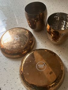 copper set of two. tumbler and plates
