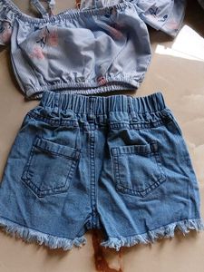 Girls Off-Shoulder Crop Top &amp; Denim Shorts Set