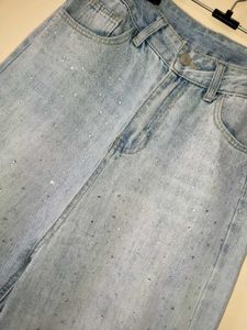 Light Wash Wide Leg Jeans with Rhinestones