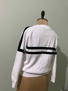 White &amp; Black Striped Zip-Up Sweater
