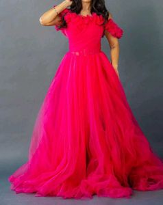 Stunning Pink Off-Shoulder Tulle Gown
