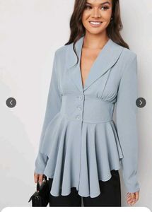 Styli Women Pleated Hem Button Detail Blazer