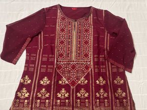 🆕W Maroon Kurta Set with Gold Print