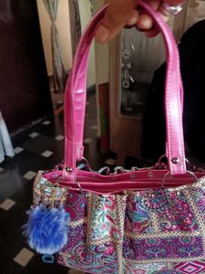 Cute Patchwork Handbag with Pom Po