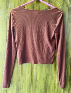 Brown Ribbed Long Sleeve Crop Top