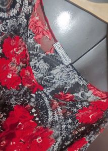 Red &amp; Black Floral Print Net Shrug For Free Size