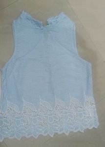 Blue & White Striped Lace Trim Top