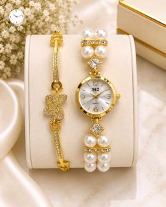 Elegant Gold Pearl Watch &amp; Bracelet Set