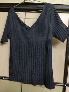 Gray Ribbed V-Neck Top