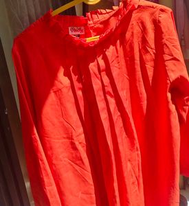 Vibrant Red Pleated Neck Top