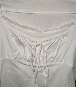 White Long Sleeve Lace Trim Tie-Front Top