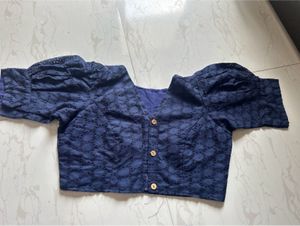 Navy Blue Embroidered Puff Sleeve Blouse