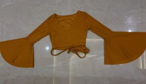 Mustard Yellow Bell Sleeve Wrap Top