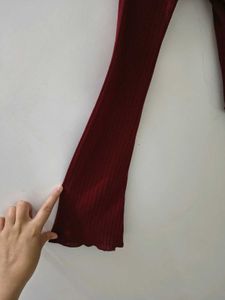 Maroon Ribbed Asymmetric Hem Top with Bell Sleeves