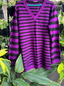 Purple &amp; Black Striped V-Neck Sweater