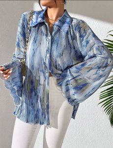 Stylish Pleated Blue Abstract Print Shirt