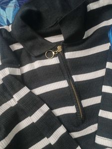 Striped Zip Neck Long Sleeve Top
