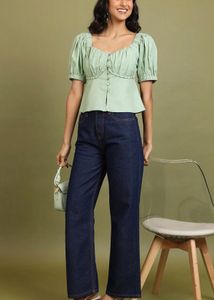 Tokyo Talkies Pastel Green Puff Sleeve Top