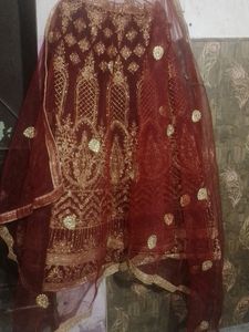Dark Maroon Velvet Bridal Lahenga
