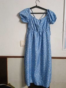 Blue Floral Off-Shoulder Midi Dress
