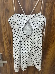 Zara Strappy Denim Corduroy Polka Dot Mini Dress