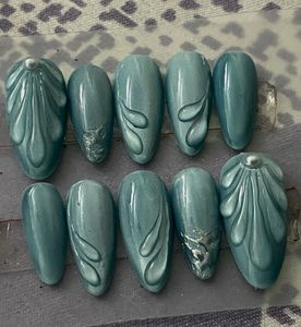 Handcrafted Cat Eye Teal Press-On Nails