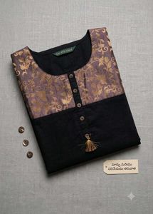 Elegant Black Kurta with Golden Brocade Yoke