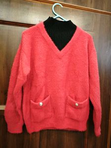 Chic Red Knit Sweater with Pockets