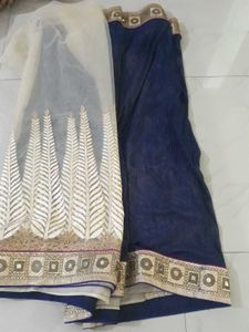 Saree Set: Peach &amp; Navy Blue