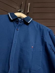 Louis Philippe Men's Blue Cotton Collared Shirt